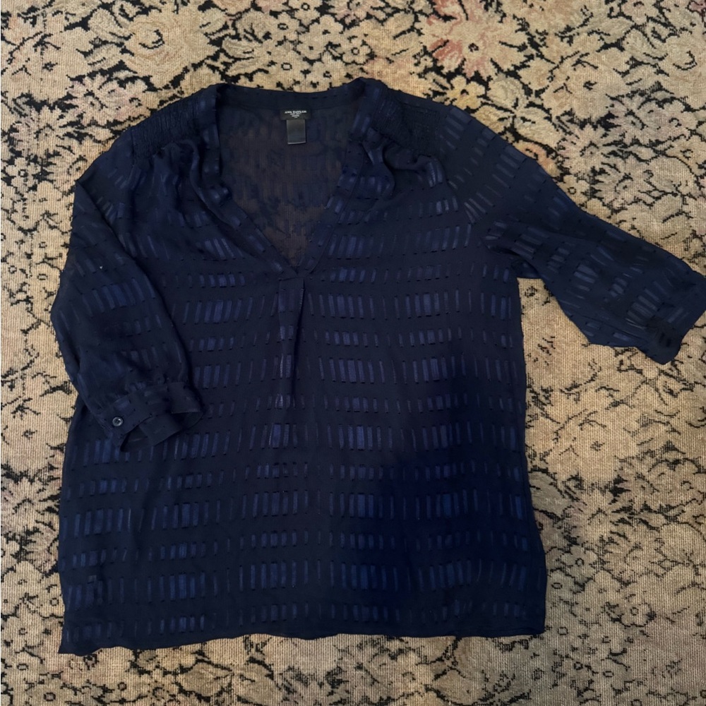 Ann Taylor Dark Blue Sheer Blouse - Womens Petit Large